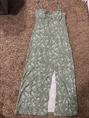 No Boundaries Olive Green Floral Maxi Dress with Front Slit